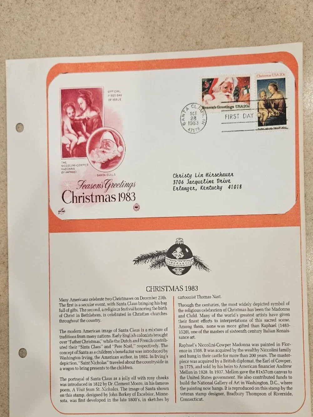 RARE COLLECTIBLE USPS 1ST DAY ISSUE COVER CHRISTMAS 1983 SEASONS GREETINGS STAMP